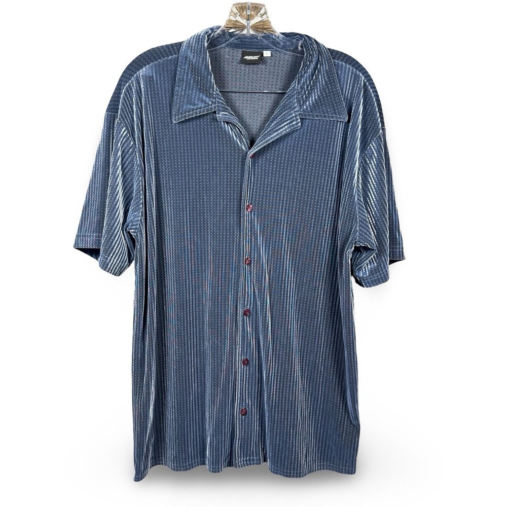 VTG 90s Y2K Soft Button Shirt Textured Size Large L Dark Blue Short Sleeve